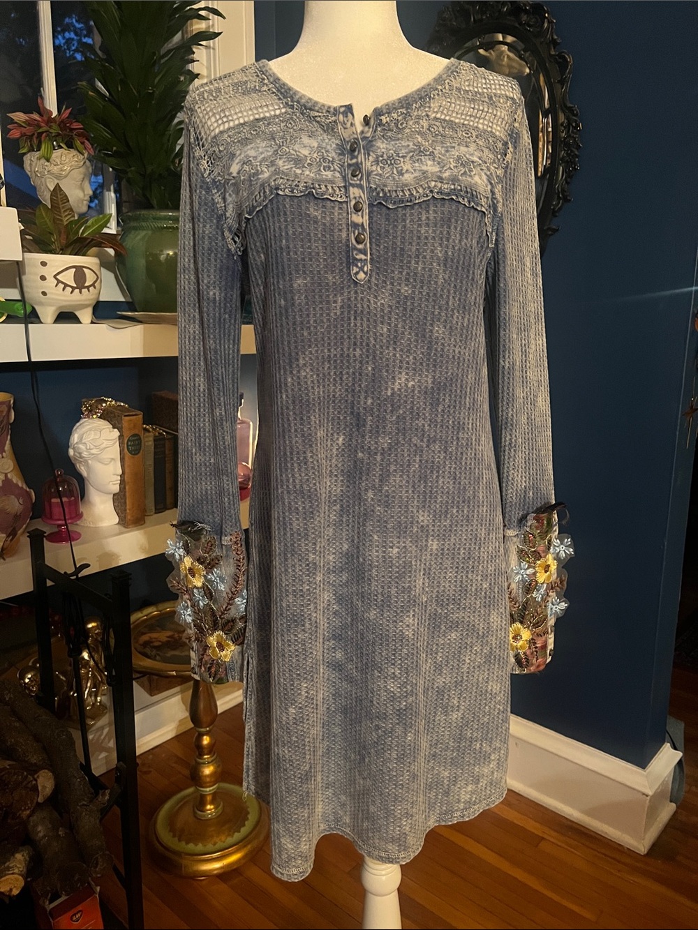 Aratta Washed Blue Lace-Yoke Long Sleeve Dress with Floral Cuffs